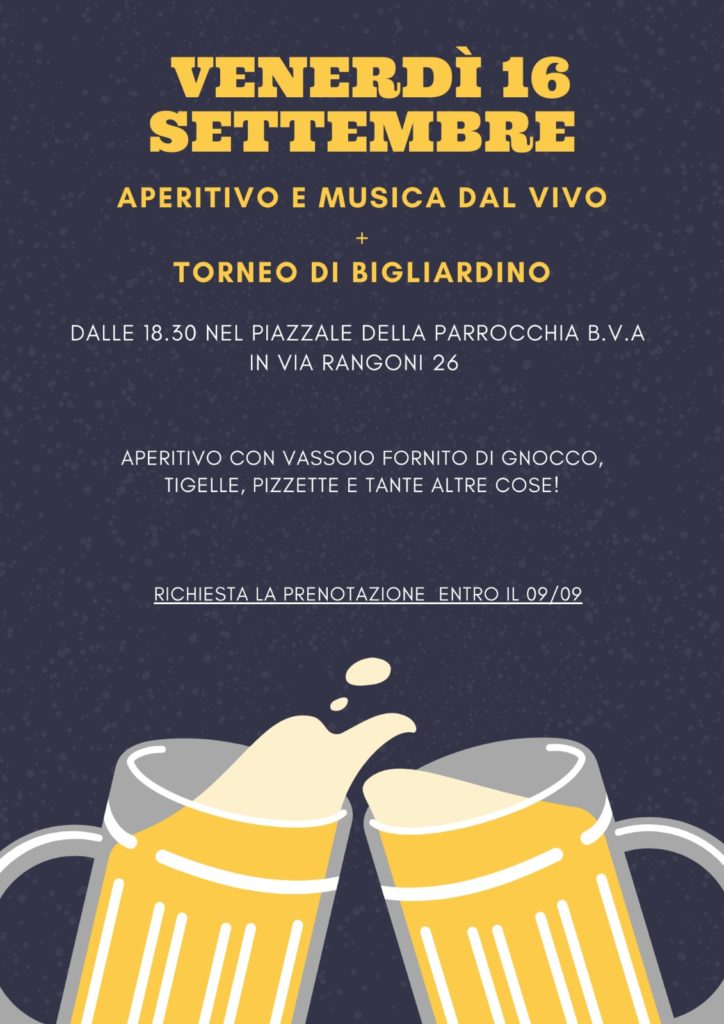 Apericena per i Giovani - Venerdì 16 settembre 2022 Aperitivo e musica dal vivo e torneo di bigliardino - richiesta prenotazione