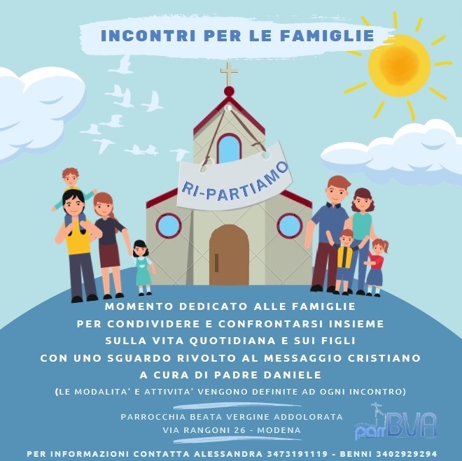 Momento dedicato alle famiglie per condividere e confrontarsi insieme sulla vita quotidiana e sui figli con uno sguardo rivolto al messaggio cristiano. A cura di Padre Daniele