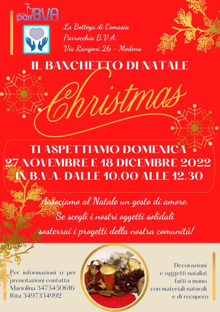 Banchetto di Natale 27 novembre e 18 dicembre 2022 della Bottega di Comasia B.V.A. Associamo al Natale un gesto di amore. Se scegli i nostri oggetti solidali, sosterrai i progetti della nostra comunità.
