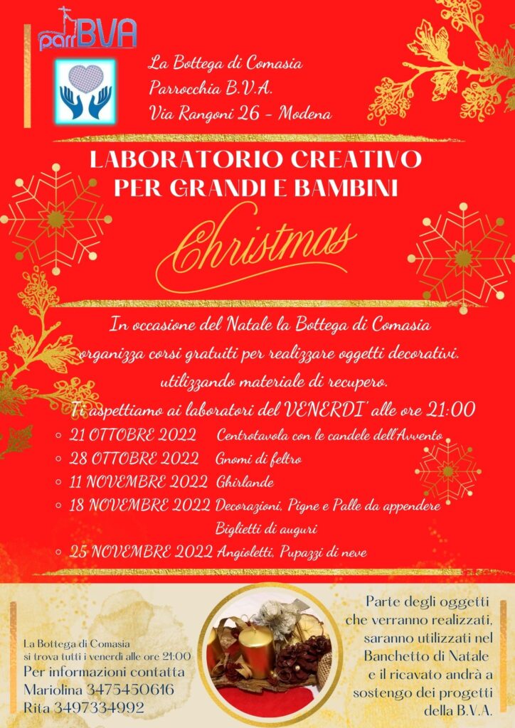 In occasione del Natale la Bottega di Comasia organizza corsi gratuiti per realizzare oggetti decorativi utilizzando materiale di recupero. I laboratori si tengono tutti i venerdì alle ore 21:00.