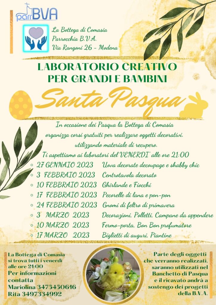In occasione della Pasqua la Bottega di Comasia organizza corsi gratuiti per realizzare oggetti decorativi utilizzando materiale di recupero. I laboratori si tengono tutti i venerdì alle ore 21:00.