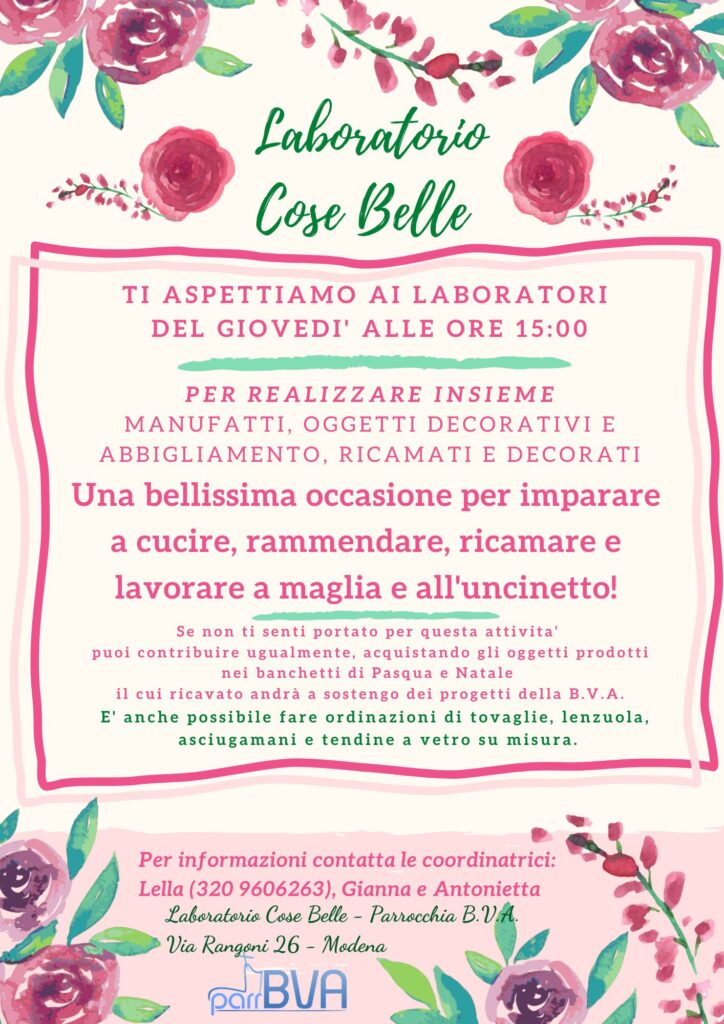 Il Laboratorio Cose Belle della BVA organizza tutti i giovedì alle ore 15:00 per realizzare manufatti, oggetti decorativi, abbigliamento, ricami e decori. Una bellissima occasione per imparare a cucire, rammendare, ricamare e lavorare a maglia e all'uncinetto.