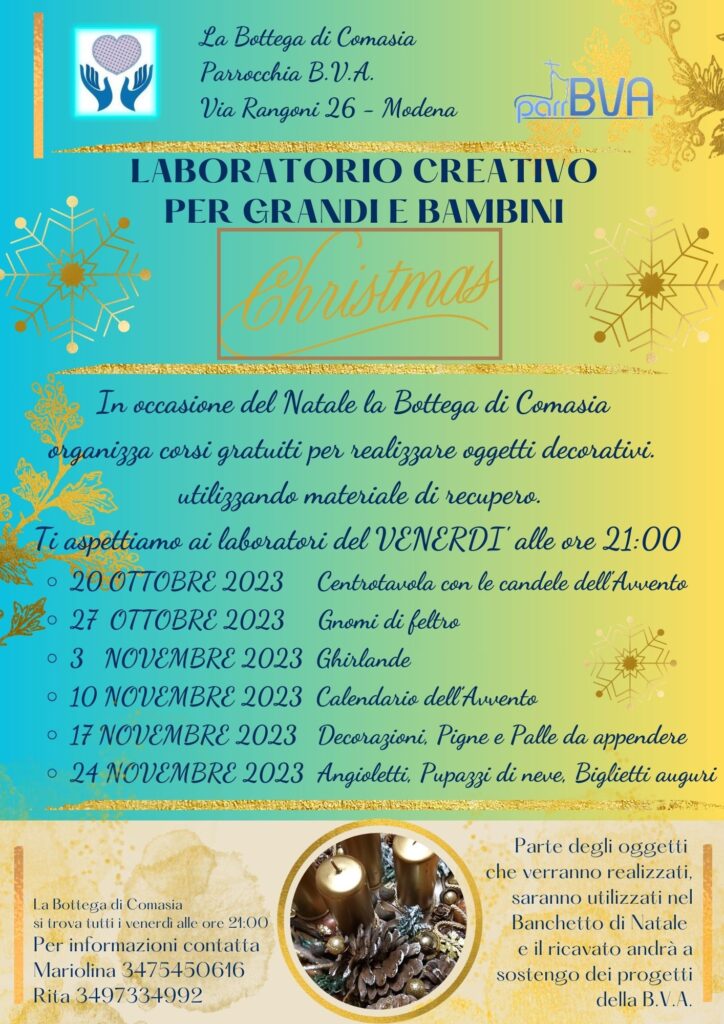 In occasione del Natale la Bottega di Comasia organizza corsi gratuiti per realizzare oggetti decorativi utilizzando materiale di recupero. I laboratori si tengono tutti i venerdì alle ore 21:00.